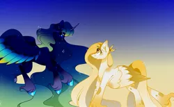 Size: 1080x667 | Tagged: safe, artist:tessa_key_, derpibooru import, oc, unofficial characters only, alicorn, pegasus, pony, abstract background, alicorn oc, duo, ear fluff, eyelashes, female, flying, hoof fluff, hoof polish, horn, image, jpeg, looking up, mare, pegasus oc, smiling, two toned wings, wings
