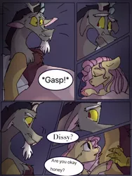 Size: 768x1024 | Tagged: safe, artist:cocolove2176, derpibooru import, discord, fluttershy, draconequus, pegasus, pony, comic, dialogue, discoshy, eyes closed, female, image, jpeg, male, mare, sad, shipping, sleeping, straight