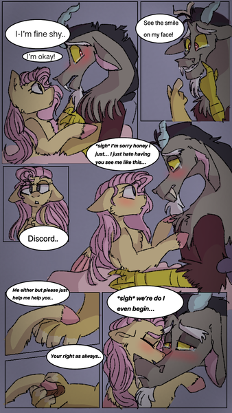 Size: 720x1280 | Tagged: safe, artist:cocolove2176, derpibooru import, discord, fluttershy, draconequus, pegasus, pony, blushing, colored hooves, comic, dialogue, discoshy, eyes closed, female, holding hooves, image, male, mare, png, sad, shipping, straight