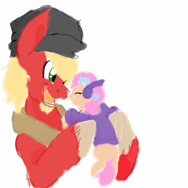 Size: 685x685 | Tagged: safe, artist:sonicsketcher64, derpibooru import, big macintosh, oc, oc:angel face macintosh, earth pony, pony, beard, boop, cute, duo, earmuffs, facial hair, father and child, father and daughter, female, filly, hat, holding a pony, image, jpeg, male, noseboop, ocbetes, offspring, parent:big macintosh, parent:fluttershy, parents:fluttermac, simple background, stallion, white background