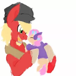 Size: 685x685 | Tagged: safe, artist:sonicsketcher64, derpibooru import, big mcintosh, oc, oc:angel face macintosh, earth pony, pony, beard, boop, cute, duo, earmuffs, facial hair, father and child, father and daughter, female, filly, hat, holding a pony, image, jpeg, male, noseboop, ocbetes, offspring, parent:big mcintosh, parent:fluttershy, parents:fluttermac, simple background, stallion, white background