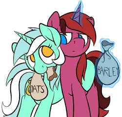 Size: 2400x2300 | Tagged: safe, artist:skookz, derpibooru import, lyra heartstrings, pony, unicorn, bag, duo, evil twin, female, food, happy, hug, image, looking at each other, magic, magic aura, mare, mouth hold, oats, png, serious, siblings, simple background, sisters, transparent background, twins