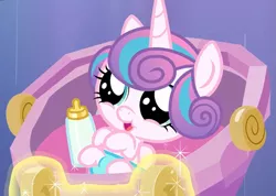 Size: 1517x1080 | Tagged: safe, derpibooru import, princess flurry heart, pony, the times they are a changeling, baby, baby bottle, baby carrier, baby flurry heart, baby pony, cooing, cradle, cute, cute baby, diaper, female, filly, image, png