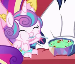 Size: 447x382 | Tagged: safe, derpibooru import, princess cadance, princess flurry heart, shining armor, best gift ever, bowl, diaper, eating, food, image, jpeg, pudding, puddinghead's pudding, spoon