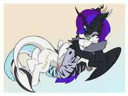 Size: 3700x2788 | Tagged: safe, artist:beardie, derpibooru import, oc, oc:yiazmat, draconequus, draconequus oc, horns, hug, image, jpeg, snuggling, tail