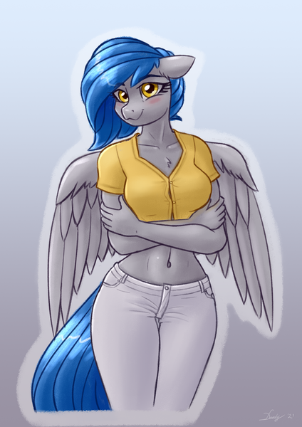 Size: 2356x3333 | Tagged: safe, artist:dandy, derpibooru import, oc, oc:rainstorm, unofficial characters only, anthro, pegasus, aeroverse, belly button, blushing, breasts, chest fluff, clothes, commission, crossed arms, explicit source, female, image, looking at you, pants, png, short shirt, solo, wings