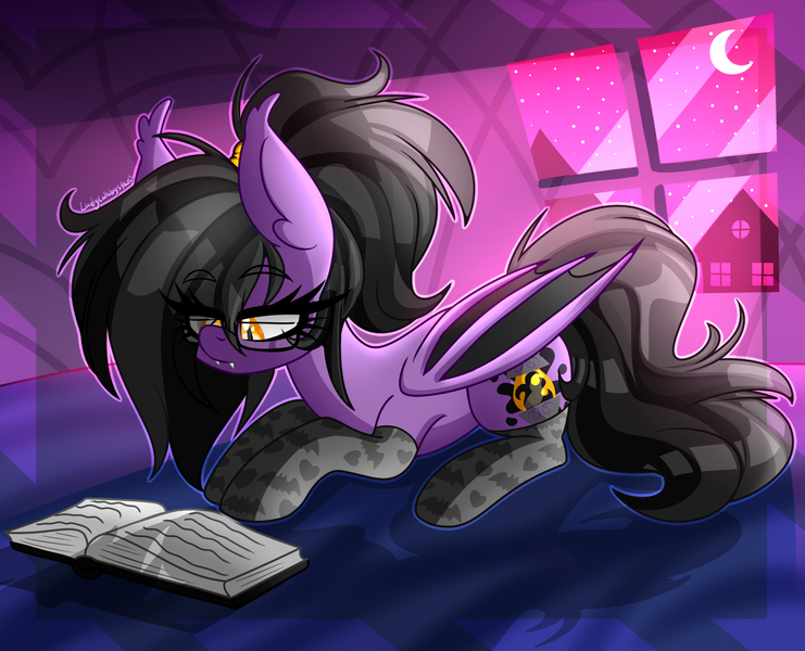 Size: 1630x1320 | Tagged: safe, artist:ladylullabystar, derpibooru import, oc, unofficial characters only, bat pony, book, clothes, glasses, image, jpeg, night, reading, socks, stockings, thigh highs
