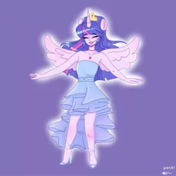 Size: 2048x2048 | Tagged: safe, alternate version, artist:twiskielulamoon, derpibooru import, twilight sparkle, twilight sparkle (alicorn), alicorn, human, equestria girls, alicorn humanization, choker, clothes, dress, eyes closed, grin, high heels, horn, horned humanization, humanized, image, jewelry, jpeg, lipstick, purple background, shoes, signature, simple background, smiling, solo, spread wings, tiara, winged humanization, wings