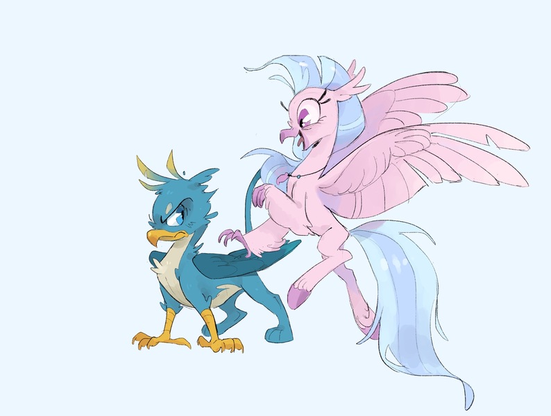 Size: 3055x2308 | Tagged: safe, artist:frozenspots, derpibooru import, gallus, silverstream, gryphon, hippogriff, excited, grumpy, image, jpeg, simple background