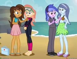 Size: 1280x989 | Tagged: safe, derpibooru import, sea swirl, seafoam, oc, oc:beachcomber, oc:spiral swirl, oc:tranquil paradise, equestria girls, art:dieart77, beach, checkup, clothes, commission, goggles, hula outfit, image, jpeg, sandals, scrubs, scuba, skirt, stethoscope, top, wetsuit