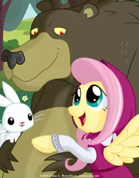 Size: 1800x2300 | Tagged: safe, artist:ravenevert, banned from derpibooru, deleted from derpibooru, derpibooru import, angel bunny, fluttershy, harry, bear, rabbit, animal, image, masha, masha and the bear, png