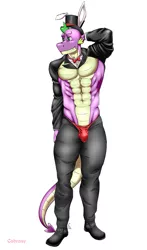 Size: 589x1000 | Tagged: suggestive, artist:cabrony, artist:pia-sama, derpibooru import, spike, anthro, dragon, abs, belly button, bulges, bunny ears, clothes, digital art, hat, image, jpeg, looking away, male, muscles, pants, pecs, pose, reverse bunny suit, shoes, simple background, solo, solo male, speedo, stupid sexy spike, tail, white background