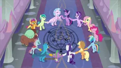 Size: 2289x1288 | Tagged: safe, derpibooru import, edit, edited screencap, editor:notxweeb, screencap, applejack, fluttershy, gallus, ocellus, pinkie pie, rainbow dash, rarity, sandbar, silverstream, smolder, spike, starlight glimmer, twilight sparkle, yona, alicorn, changedling, changeling, yak, school daze, season 8, spoiler:s08, anime crossover, anime reference, circle, fullmetal alchemist, human transmutation circle, image, male, mane seven, mane six, photo, png, ritual, sacrifice, source in the description, standing, student six, twilight sparkle (alicorn), watermark