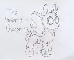 Size: 1649x1346 | Tagged: safe, artist:theunidentifiedchangeling, derpibooru import, oc, oc:[unidentified], unofficial characters only, changeling, changeling oc, closed mouth, eyes open, fangs, horn, image, jpeg, male, mouth closed, open eyes, pencil drawing, solo, symbol, three quarter view, traditional art, wings