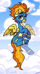 Size: 584x1080 | Tagged: safe, artist:ariamidnighters, artist:midnighters_forever, derpibooru import, spitfire, pegasus, pony, clothes, cloud, flying, goggles, image, jpeg, sky background, solo, uniform, wonderbolts uniform