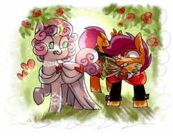Size: 1280x1006 | Tagged: safe, artist:ariamidnighters, artist:midnighters_forever, derpibooru import, scootaloo, sweetie belle, pegasus, pony, unicorn, bouquet, bowtie, clothes, dress, female, flower, heart, image, jpeg, lesbian, magic, mouth hold, no pupils, one hoof raised, scootabelle, shipping, suit, suitaloo, telekinesis