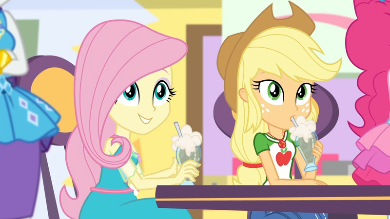 Size: 3410x1920 | Tagged: safe, derpibooru import, screencap, applejack, fluttershy, pinkie pie, rarity, equestria girls, equestria girls series, holidays unwrapped, spoiler:eqg series (season 2), applejack's hat, bracelet, clothes, cowboy hat, crossed arms, cute, cutie mark, cutie mark on clothes, dashing through the mall, denim skirt, drinking, duo, duo female, duo focus, female, geode of fauna, geode of super strength, hat, image, jackabetes, jewelry, jpeg, magical geodes, milkshake, necklace, offscreen character, rarity peplum dress, skirt, tanktop