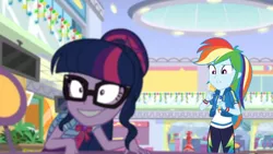Size: 3410x1920 | Tagged: safe, derpibooru import, screencap, rainbow dash, sci-twi, twilight sparkle, equestria girls, equestria girls series, holidays unwrapped, spoiler:eqg series (season 2), bowtie, clothes, creepy, cutie mark, cutie mark on clothes, dashing through the mall, duo, duo female, female, geode of super speed, geode of telekinesis, hoodie, image, jewelry, jpeg, magical geodes, necklace, open mouth, ponytail, solo, wide eyes