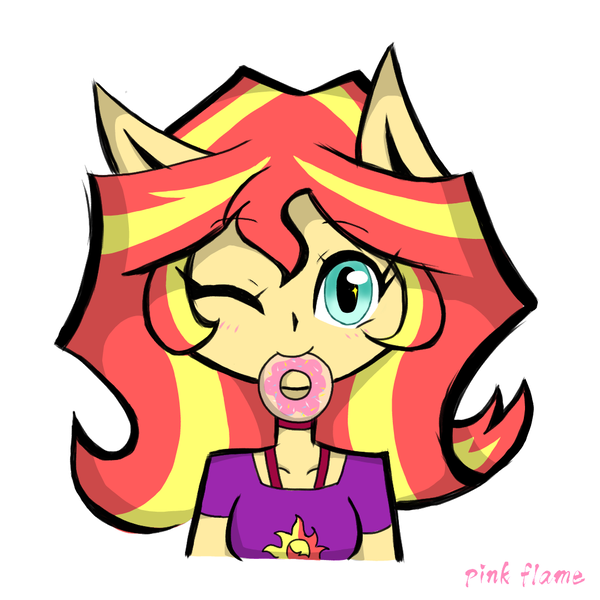 Size: 1080x1080 | Tagged: safe, artist:pink flame, derpibooru import, sunset shimmer, equestria girls, donut, food, image, looking at you, mouth hold, one eye closed, png, ponied up, wink