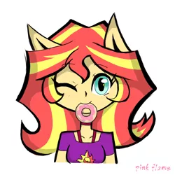 Size: 1080x1080 | Tagged: safe, artist:pink flame, derpibooru import, sunset shimmer, equestria girls, donut, food, image, looking at you, mouth hold, one eye closed, png, ponied up, wink