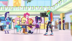 Size: 3410x1920 | Tagged: safe, derpibooru import, screencap, applejack, fluttershy, pinkie pie, rainbow dash, rarity, sci-twi, sunset shimmer, twilight sparkle, equestria girls, equestria girls series, holidays unwrapped, spoiler:eqg series (season 2), applejack's hat, boots, bowtie, clothes, converse, cowboy boots, cowboy hat, cutie mark, cutie mark on clothes, dashing through the mall, denim skirt, female, geode of empathy, geode of fauna, geode of shielding, geode of sugar bombs, geode of super strength, geode of telekinesis, hat, high heels, hoodie, humane five, humane seven, humane six, image, jewelry, jpeg, magical geodes, milkshake, necklace, open mouth, ponytail, rarity peplum dress, sandals, shoes, skirt, tanktop