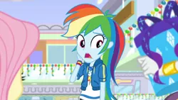 Size: 3410x1920 | Tagged: safe, derpibooru import, screencap, fluttershy, rainbow dash, rarity, equestria girls, equestria girls series, holidays unwrapped, spoiler:eqg series (season 2), arm behind head, bracelet, clothes, cute, cutie mark, cutie mark on clothes, dashabetes, dashing through the mall, female, geode of super speed, hoodie, image, jewelry, jpeg, magical geodes, necklace, offscreen character, open mouth, present, solo focus, trio, trio female