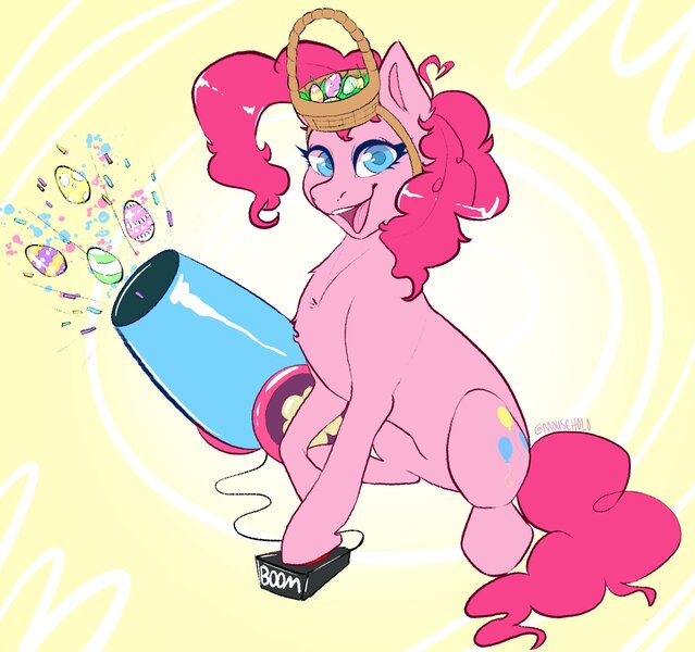 Size: 1940x1823 | Tagged: safe, artist:holomouse, derpibooru import, pinkie pie, earth pony, pony, basket, chest fluff, confetti, easter, easter basket, easter egg, hat, holiday, image, jpeg, looking at you, open mouth, party cannon, smiling