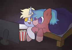 Size: 3095x2160 | Tagged: safe, artist:silverstararts, derpibooru import, oc, oc:blitz razorwind, oc:nootaz, unofficial characters only, pegasus, pony, unicorn, blanket, food, image, jpeg, popcorn, smiling, television, tongue out