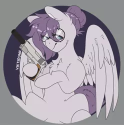 Size: 2029x2048 | Tagged: safe, artist:viktiipunk, derpibooru import, oc, oc:vylet, unofficial characters only, pegasus, pony, chest fluff, glasses, gun, image, jpeg, lidded eyes, looking at you, smiling, spread wings, weapon, wings