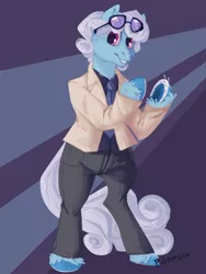 Size: 768x1024 | Tagged: safe, artist:pigeorgien, derpibooru import, linky, shoeshine, earth pony, pony, 70s, abstract background, bipedal, clothes, female, glasses, horseshoes, image, jacket, looking at you, mare, necktie, pants, png, shirt, smiling, smiling at you, solo, tuxedo, underhoof, unshorn fetlocks