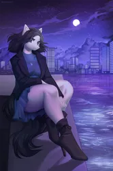 Size: 934x1404 | Tagged: safe, artist:margony, derpibooru import, oc, unofficial characters only, anthro, earth pony, plantigrade anthro, boots, city, clothes, full moon, high heels, image, jewelry, lidded eyes, looking at you, moon, necklace, night, png, scenery, shoes, skirt, smiling, solo