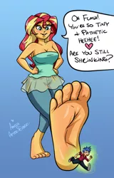 Size: 767x1200 | Tagged: safe, artist:ameliacostanza, derpibooru import, flash sentry, sunset shimmer, equestria girls, feet, female, fetish, foot fetish, giantess, image, macro, png, shrinking