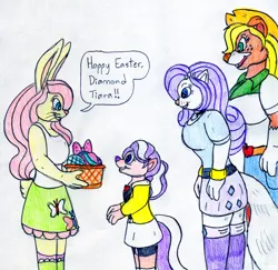 Size: 1280x1246 | Tagged: safe, artist:jose-ramiro, derpibooru import, applejack, diamond tiara, fluttershy, rarity, anthro, cat, dog, mink, rabbit, equestria girls, animal, appledog, bunnyshy, easter, easter egg, female, happy easter, holiday, image, jpeg, raricat, speech bubble, traditional art