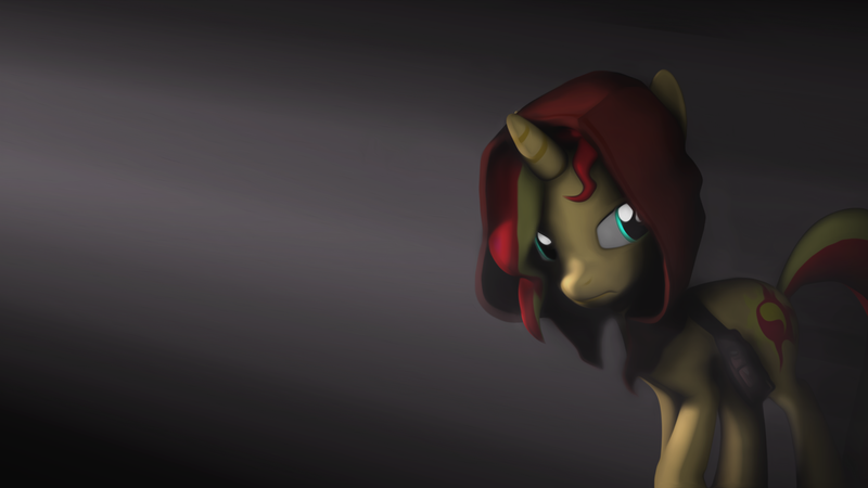 Size: 1920x1080 | Tagged: safe, artist:litterpaws, derpibooru import, sunset shimmer, unicorn, 3d, derpibooru exclusive, hood, image, messenger bag, png, source filmmaker, suspicious