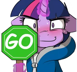 Size: 1222x1138 | Tagged: safe, artist:captainpudgemuffin, derpibooru import, edit, twilight sparkle, pony, blushing, clothes, female, floppy ears, hoodie, image, levitation, looking at you, magic, mare, octagon, png, sans (undertale), simple background, smiling, solo, sweat, telekinesis, undertale, white background, wide eyes