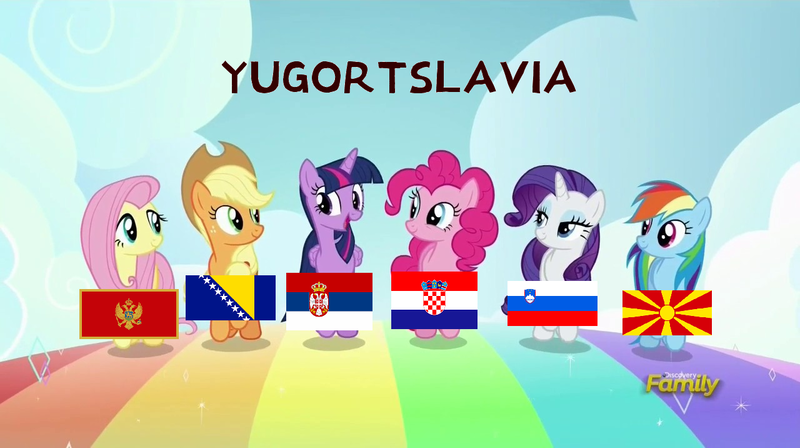 Size: 1280x716 | Tagged: safe, derpibooru import, edit, edited screencap, screencap, applejack, fluttershy, pinkie pie, rainbow dash, rarity, twilight sparkle, best friends until the end of time, bosnia and herzegovina, croatia, eqg flag-tag meme, flag, image, macedonia, mane six, montenegro, png, ponies as regions, serbia, slovenia, yugoslavia