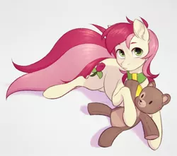 Size: 2256x1997 | Tagged: safe, artist:barlerd, derpibooru import, roseluck, pony, collar, commission, commissioner:doom9454, cute, image, jpeg, lying down, pet tag, pony pet, rosepet, teddy bear