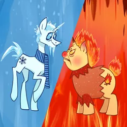 Size: 1280x1280 | Tagged: safe, artist:pfeffaroo, derpibooru import, ponified, pony, unicorn, angry, clothes, fire, heat miser, ice, icicle, image, jpeg, scarf, shirt, snow miser, the year without a santa claus