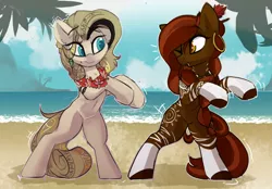 Size: 4302x3002 | Tagged: safe, artist:beardie, derpibooru import, oc, oc:hyra glyph, oc:teuila, unofficial characters only, earth pony, beach, cute, dancing, ear piercing, earring, flower, image, jewelry, ocean, one eye closed, piercing, png, smiling, water, wink