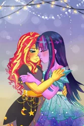 Size: 638x960 | Tagged: safe, artist:puffpink, derpibooru import, sunset shimmer, twilight sparkle, equestria girls, clothes, dress, female, hug, image, jpeg, lesbian, shipping, sunsetsparkle