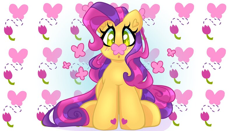 Size: 4096x2304 | Tagged: safe, artist:sketchthewitch, derpibooru import, mayor flitter flutter, butterfly, earth pony, insect, pony, blushing, butterfly on nose, g3, image, insect on nose, jpeg, solo