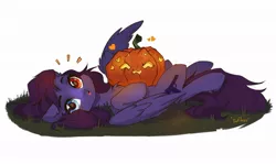 Size: 2048x1217 | Tagged: safe, artist:sofiko-ko, derpibooru import, oc, oc:pestyskillengton, unofficial characters only, pegasus, pony, chest fluff, floppy ears, halloween, heart, heterochomia, holiday, image, jack-o-lantern, jpeg, looking at you, lying down, on back, pumpkin, solo, spread wings, surprised, wings