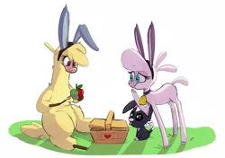 Size: 1344x948 | Tagged: safe, artist:hitsuji, derpibooru import, paprika paca, pom lamb, alpaca, dog, sheep, them's fightin' herds, apple, basket, bell, bell collar, bunny ears, collar, community related, easter, food, group, holiday, image, painting, png