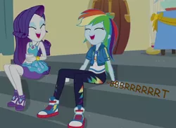 Size: 846x618 | Tagged: suggestive, artist:thedarkpony, derpibooru import, edit, edited screencap, screencap, rainbow dash, rarity, equestria girls, equestria girls series, happily ever after party, clothes, fart, fart noise, female, fetish, image, implied messing, implied pooping, implied scat, laughing, onomatopoeia, panties, pants, pantypoop, png, poop, scat, sound effects, underwear