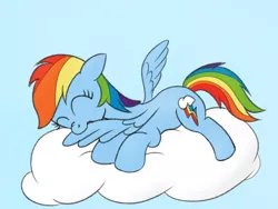 Size: 1000x750 | Tagged: safe, artist:m.w., derpibooru import, rainbow dash, pegasus, pony, cloud, eyes closed, floppy ears, grooming, image, on a cloud, png, preening, simple background, solo