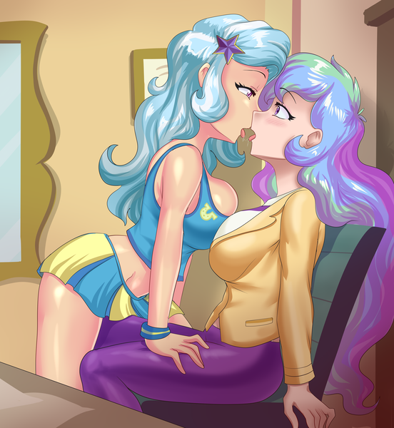 Size: 1885x2048 | Tagged: source needed, suggestive, artist:thebrokencog, derpibooru import, princess celestia, trixie, human, equestria girls, breasts, busty princess celestia, busty trixie, cheerleader, cheerleader outfit, clothes, commission, drool, drool string, female, french kiss, humanized, image, kissing, lesbian, png, principal celestia, shipping, sloppy kissing, sports bra, tongue out, tongue play, trixlestia