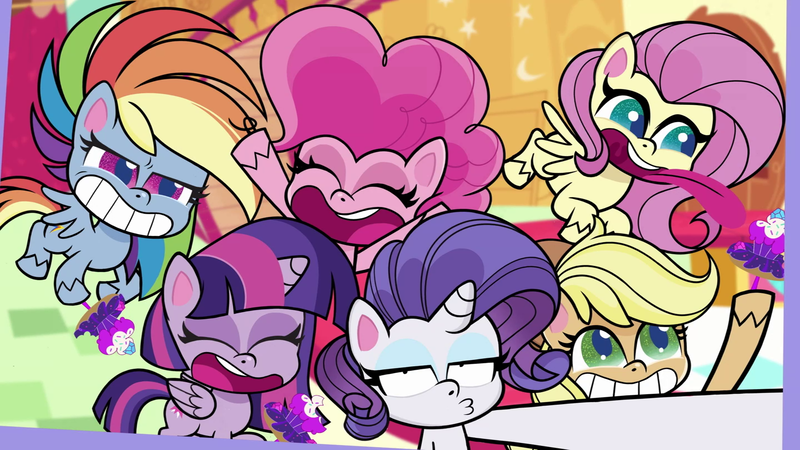 Size: 1920x1080 | Tagged: safe, derpibooru import, screencap, applejack, fluttershy, pinkie pie, rainbow dash, rarity, twilight sparkle, my little pony: pony life, spoiler:pony life s02e09, eyes closed, flying, happy, image, mane six, photo, png, time after time capsule, tongue out