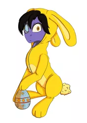 Size: 2480x3508 | Tagged: safe, artist:ardilya, derpibooru import, oc, oc:nightshade, earth pony, pony, animal costume, bunny costume, clothes, commission, costume, digital art, easter, easter bunny, easter egg, holiday, image, jpeg, looking at you, simple background, solo, ych result, your character here