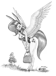 Size: 1000x1337 | Tagged: suggestive, artist:baron engel, derpibooru import, angel bunny, fluttershy, anthro, pegasus, breasts, bunny suit, busty fluttershy, cleavage, clothes, easter egg, female, image, jpeg, monochrome, pencil drawing, traditional art