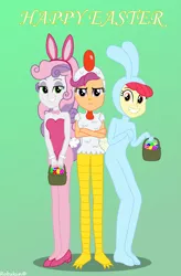 Size: 2500x3800 | Tagged: safe, artist:robukun, derpibooru import, apple bloom, scootaloo, sweetie belle, equestria girls, animal costume, bunny costume, bunny suit, chicken suit, clothes, costume, cutie mark crusaders, easter, grin, holiday, image, png, scootachicken, scootaloo is not amused, smiling, unamused